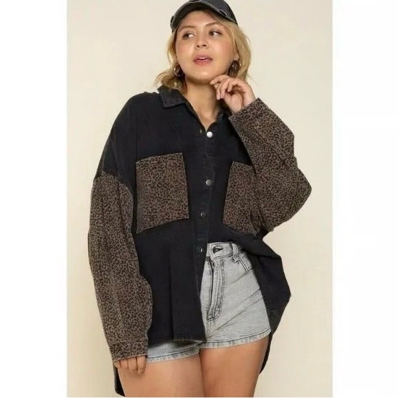 POL Black Denim and Leopard Print Jacket - Picture 2 of 4